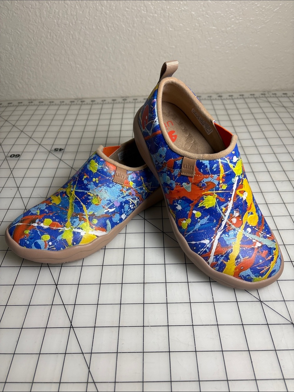 UIN Men’s Slip-On Shoes in Blue with Orange, Yellow & White Splatter